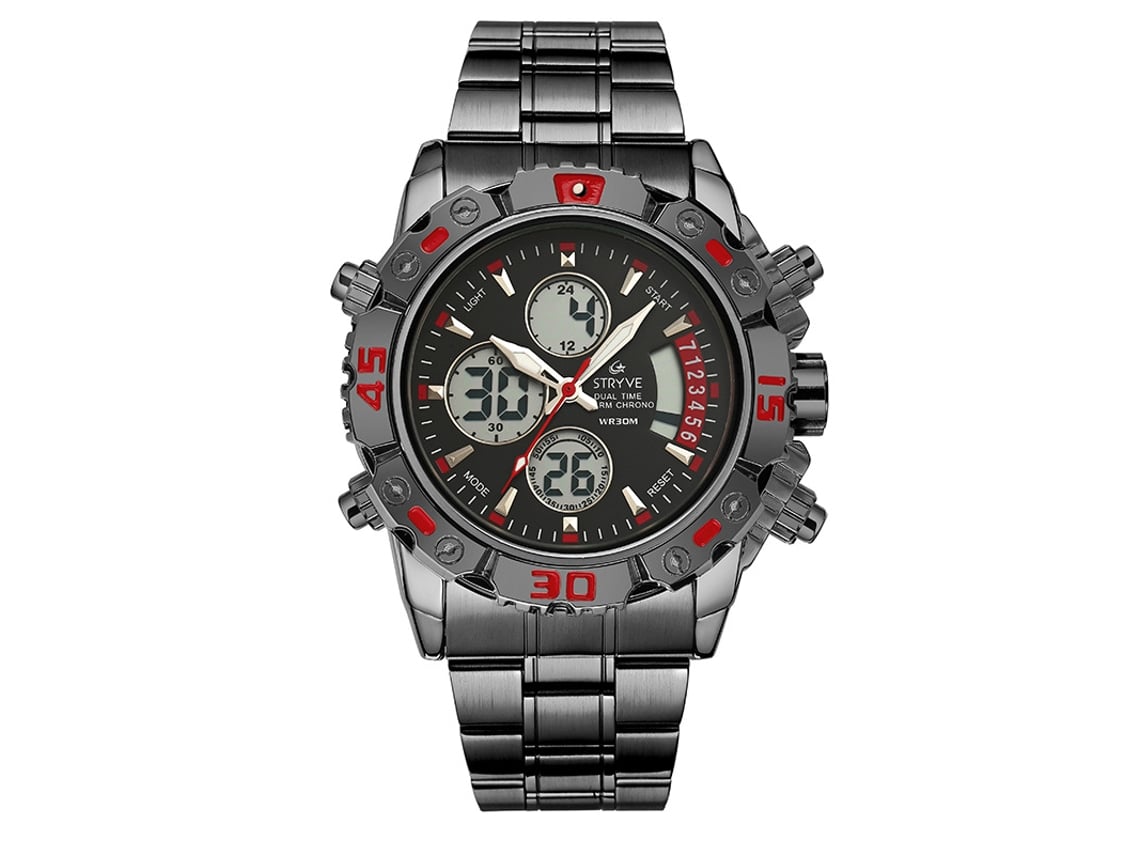 Reloj Electrónico Multifuncional Para Hombre (negro Y Rojo) De Acero Inoxidable Con Doble Movimiento, Resistente Al Agua Y Luminoso.