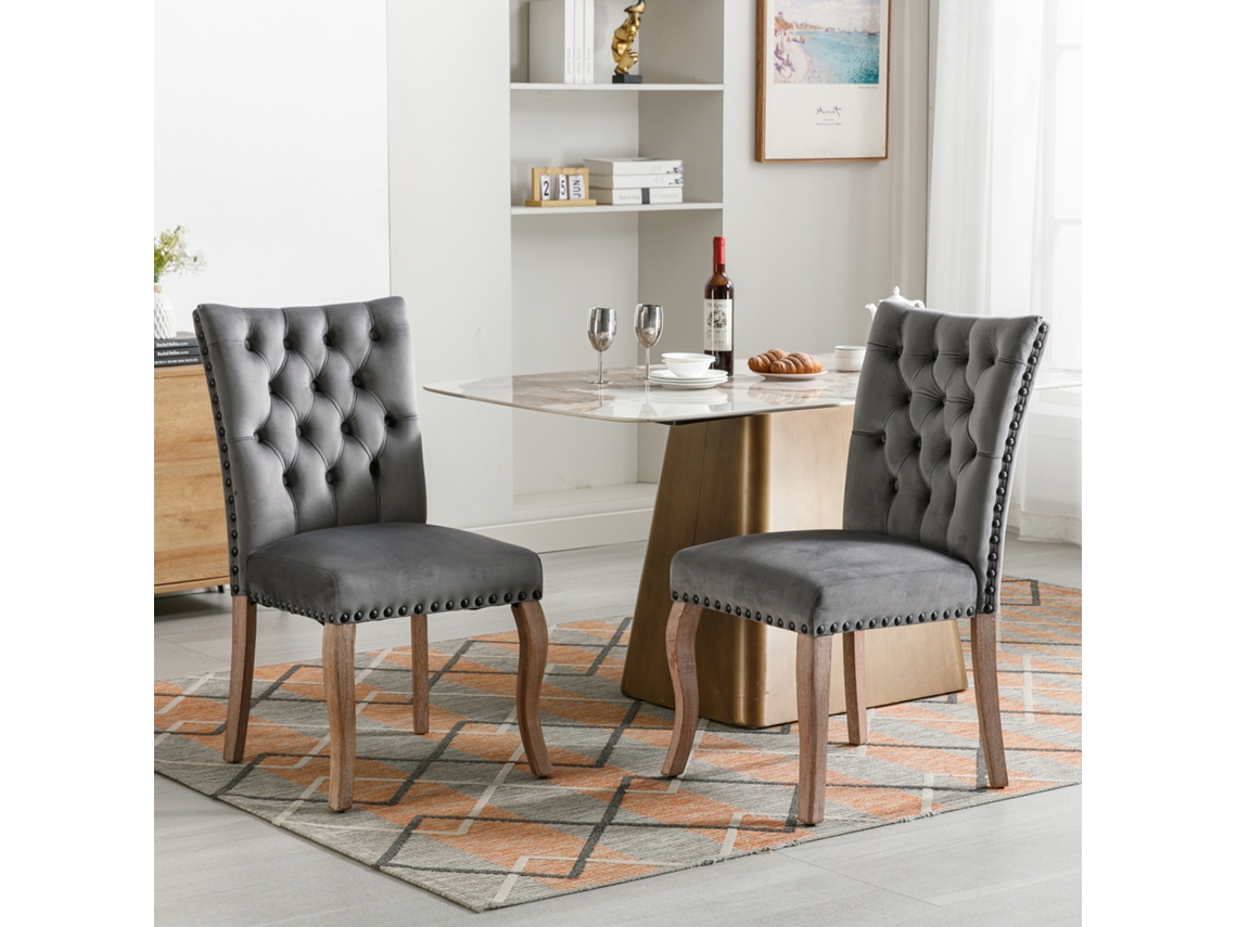 Silla De Comedor Con Tope De Puerta, 2 Piezas, Tachuelas, Terciopelo Gris.