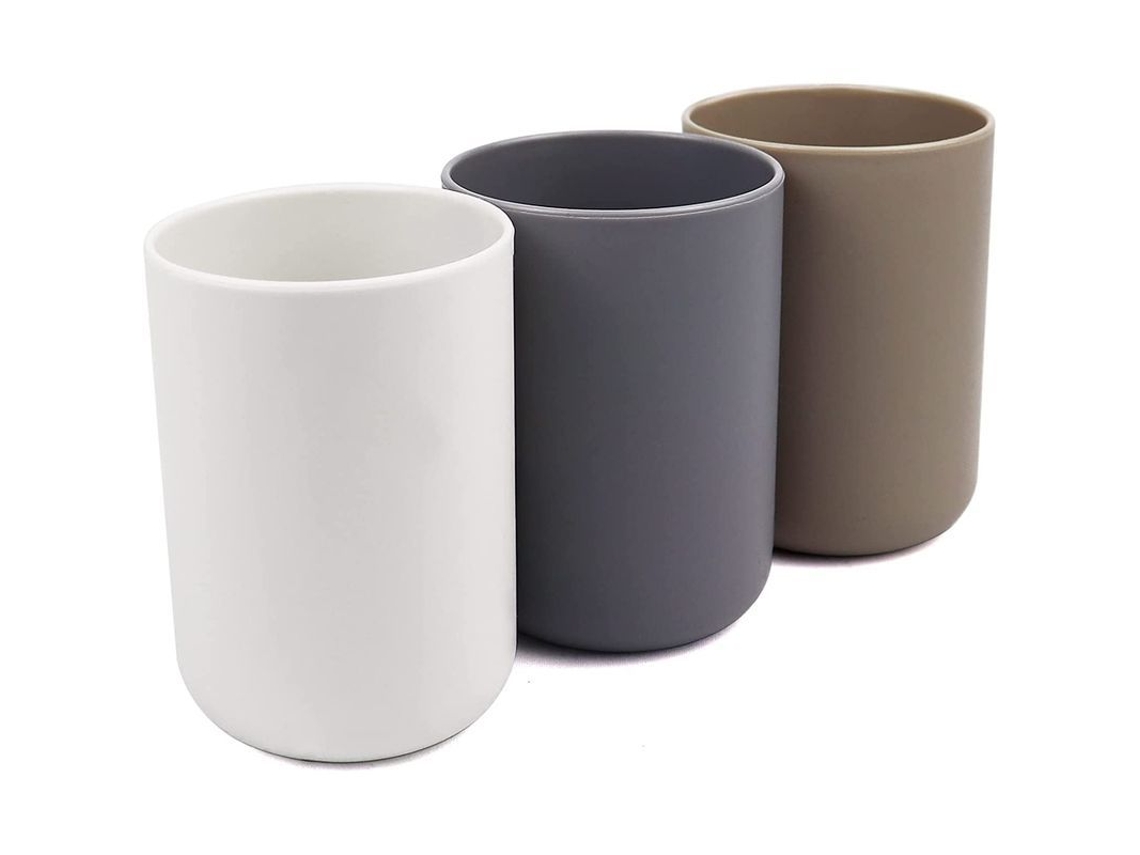 Juego de 3 jarrones para baño, soporte para el cabello, plástico apto para uso alimentario, irrompible (blanco, gris, marrón)