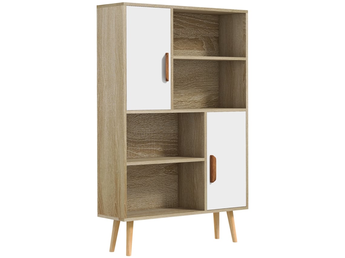 Librería escandinava con 4 nichos, 2 armarios y patas angulares, fabricada en madera de roble.