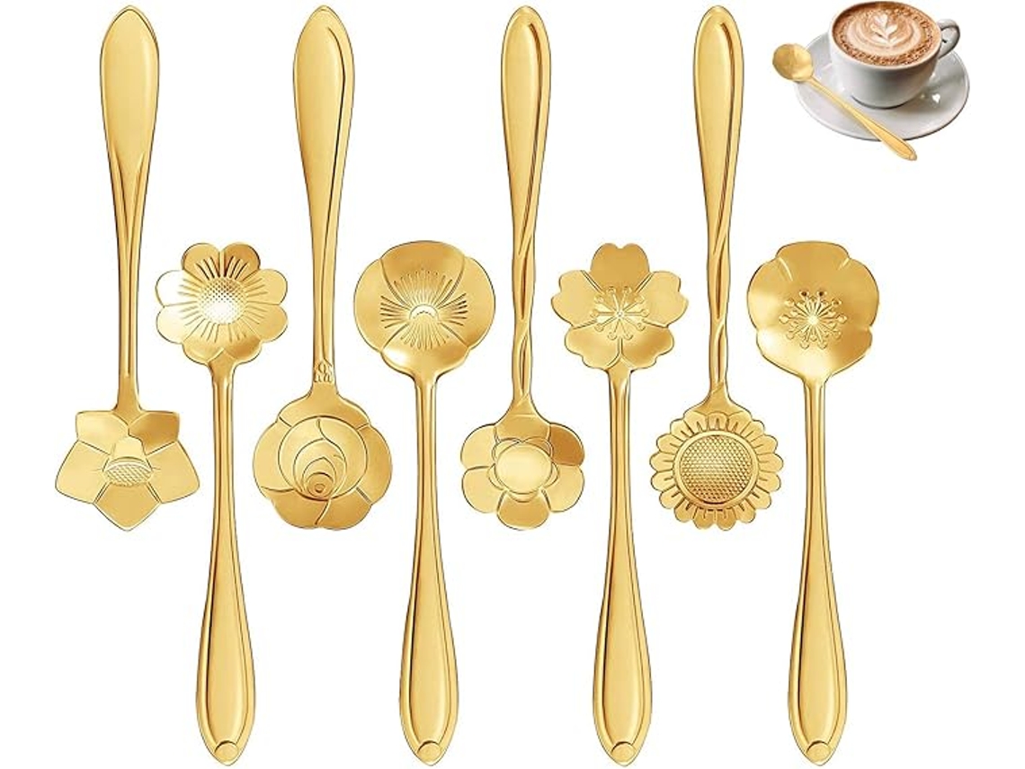 Conjunto De 8 Colheres Em Aço Inoxidável Em Forma De Flor - Para Chá, Café, Decoração Criativa - 12,5 Cm - Dourado
