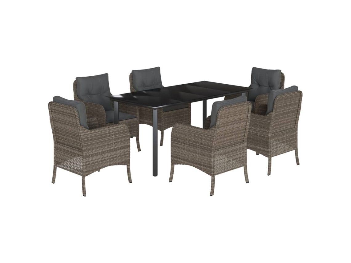 Juego de 7 piezas de comedor de jardín con cojines de mimbre, gris, EXCLUSIVA MAISON