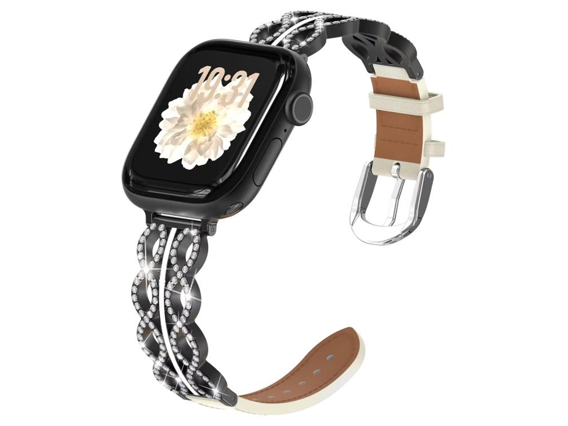 Correa híbrida FWINL para Apple Watch de 46/49/45/44 mm, acero inoxidable con diamantes y piel auténtica