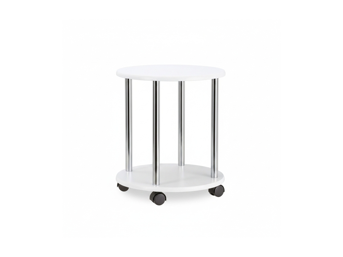 Relaxdays Mesa Auxiliar Redonda Con Ruedas, Madera-acero Inoxidable, Blanco, 41.5 X 40 X 40 Cm