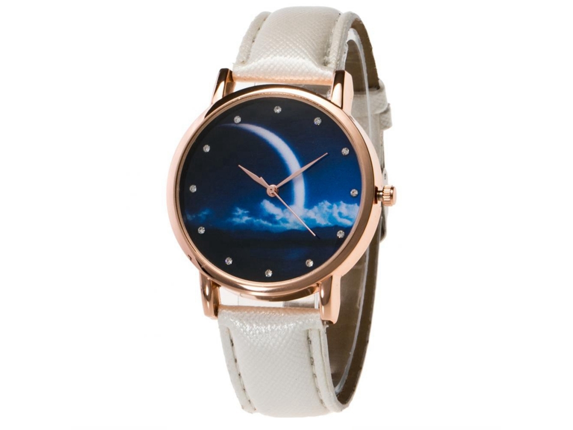 Reloj De Pulsera Con Strass Patrón Luna Nocturna Dial Cristal Correa De Cuero Pu Blanco