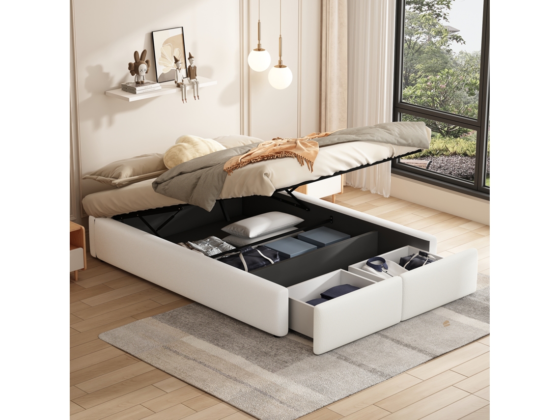 Cama Con Almacenamiento De 140x200 Cm Con Plataforma Hidráulica Y Diseño Sin Cabecero, Cama Con 2 Cajones, Color Blanco.