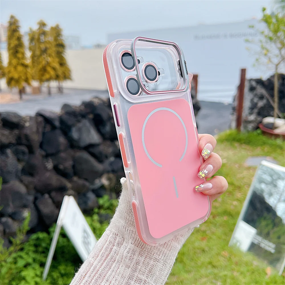 (iphone 15 Plus, Rosa) Funda Magnética Magsafe Transparente Para Iphone Con Protector De Lente