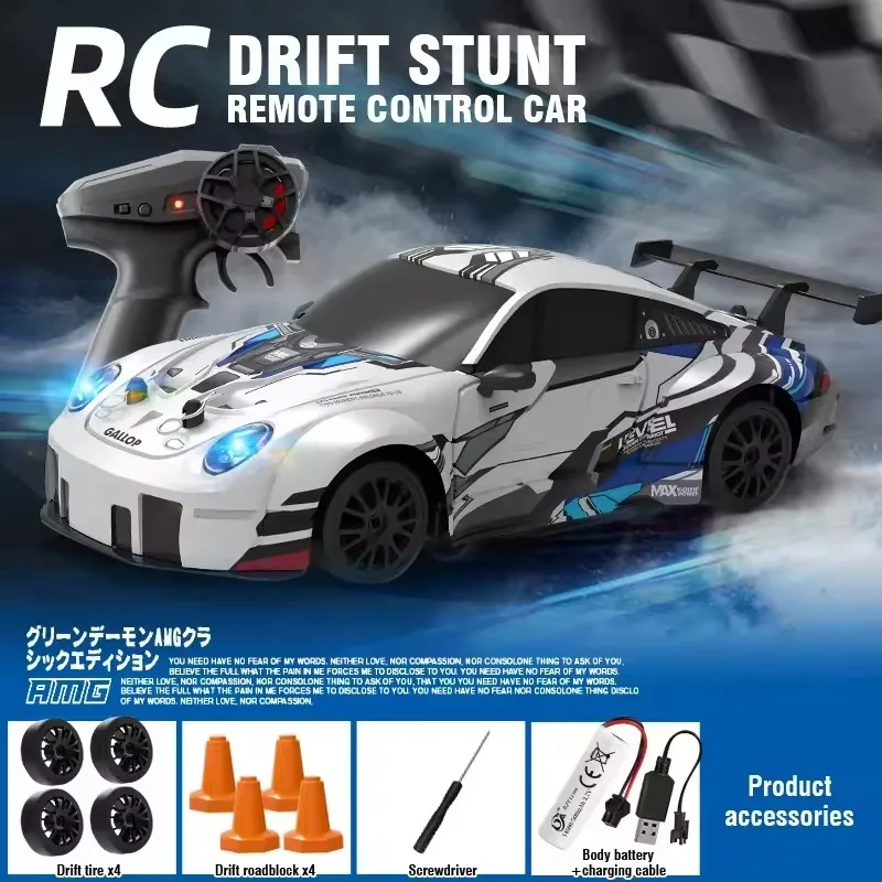 (azul Y Blanco) Coche De Deriva Con Control Remoto 4wd, Alta Velocidad Con Luces Led, Control De Radio 2.4g