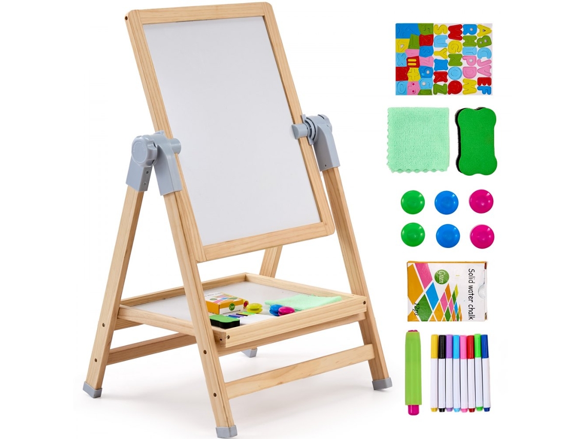 Caballete infantil 2 en 1 Tekmaquinas con pizarra blanca y pizarra, giratorio 360° y ajustable