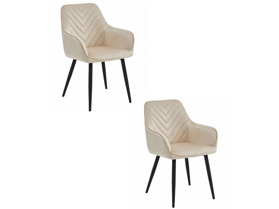 Juego de 2 sillas de comedor Waav, asiento beige, patas negras, asiento de terciopelo, asiento y respaldo acolchados.