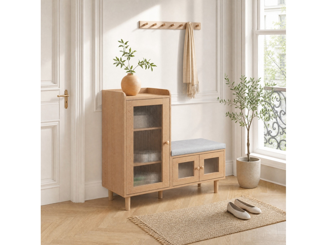 Zapatero natural YCONE de 100x35x90 cm con banco acolchado y puertas de cristal.