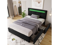 Cama 90x200cm Con Led, 2 Cajones, Cabecero Ajustable, Base De Listones De Madera, Resistente 136kg, Sin Colchón, Gris