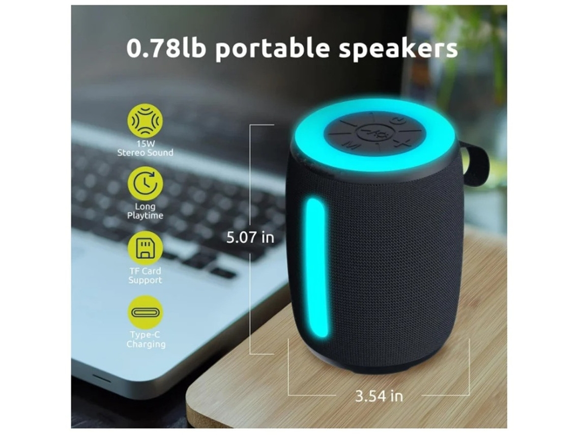 Altavoz Bluetooth portátil, resistente al agua IP68, con luces LED, estéreo HD inalámbrico de 15 W y micrófono BT5.3 de Yizhood.