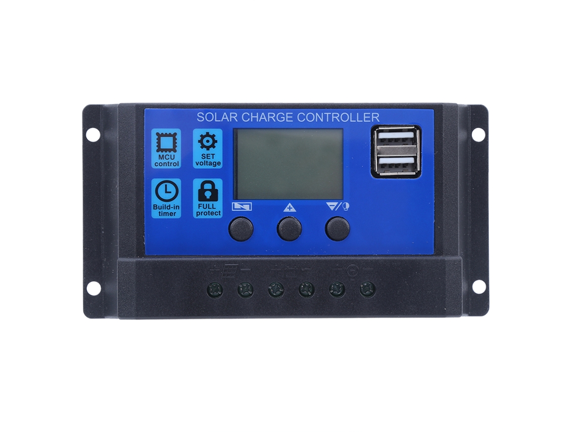 Controlador de carga solar HKJ con pantalla LCD y doble puerto USB.