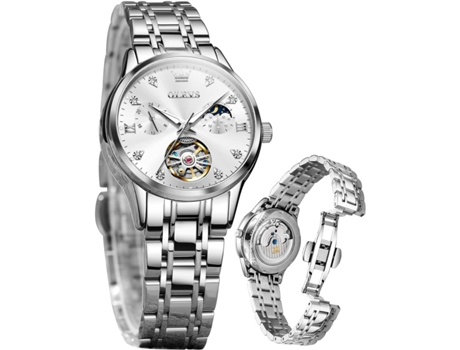 VEANXIN Reloj luminoso impermeable con fase lunar Tourbillon de diamantes automático para mujer(plata)