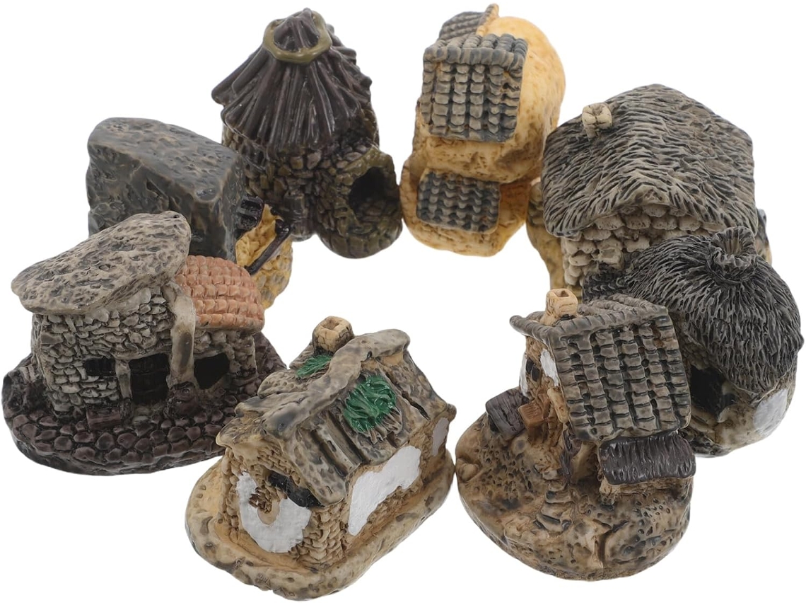 Conjunto De 8 Casas En Miniatura De Resina Gris, Decoraciones Para Jardines De Micropaisajes.