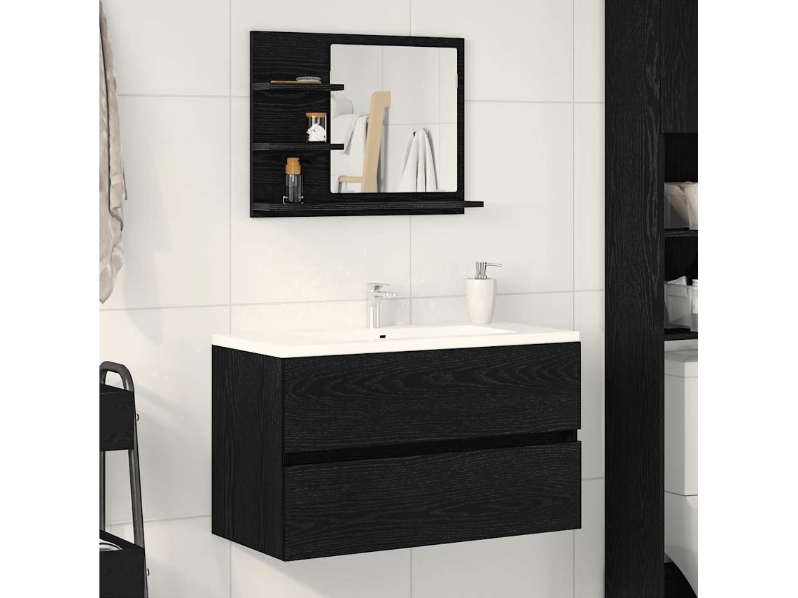 Espejo De Baño De Madera De Roble Negro 60x10,5x45 Cm