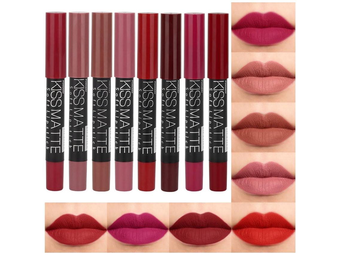 Juego de 8 lápices labiales y delineadores mate para mujer: rubí oscuro, rojo intenso, nude, beige, marrón, malva, Love EHSTMIND