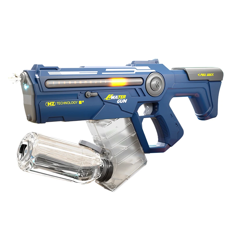 Pistola de agua eléctrica (azul) con función de succión automática, incluye batería y cable de carga USB.