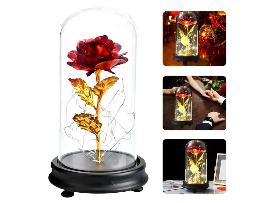 Rosa Eterna De La Bella Y La Bestia Con Base De Plástico, Led Y Cúpula De Cristal.