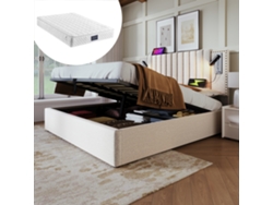Cama Doble De 160x200 Con Espacio De Almacenamiento, Luz De Lectura, Puerto Usb, Cabecero Beige Con Remaches, Colchón Incluido.