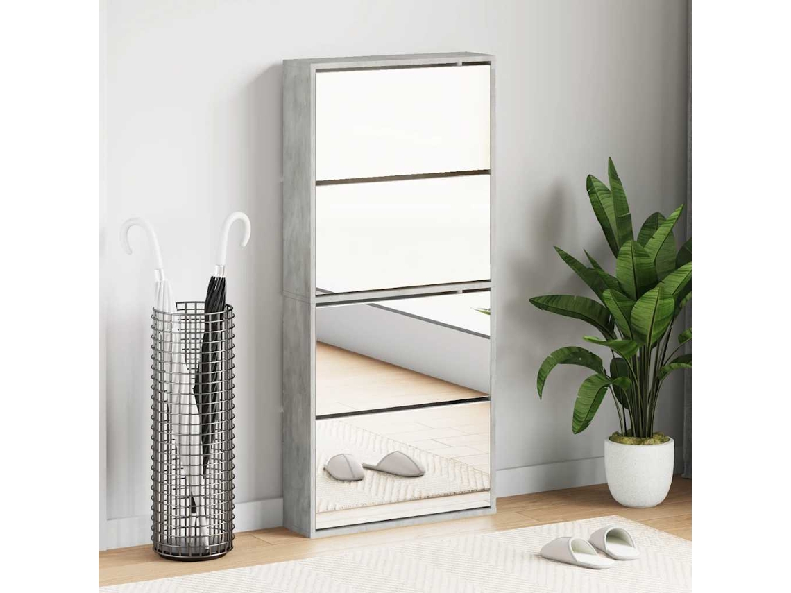 Mueble Zapatero | Armario Zapatero Con Espejo 4 Niveles Gris Hormigón 63x17x134 Cm