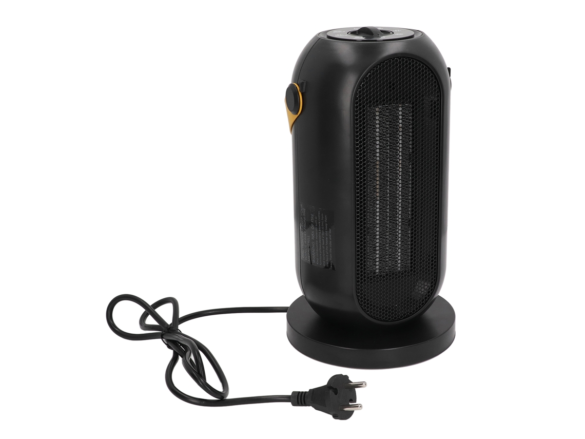 Calefactor eléctrico oscilante con mango de cuero sintético, protección contra caídas y sobrecalentamiento, ideal para oficina y hogar.