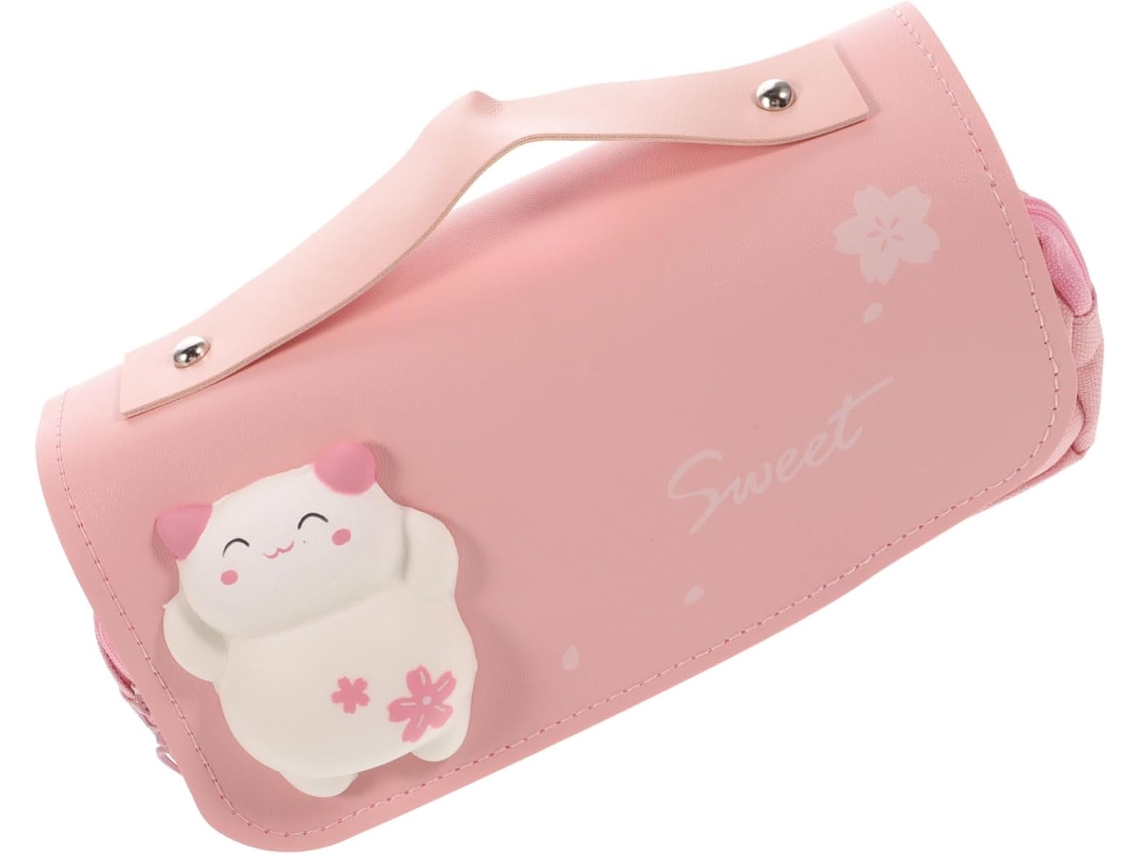Estuche multifuncional para lápices con juguete antiestrés, gran capacidad, bolsa de lona rosa.