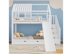 Litera Mobrio Blanca de 90x200 cm en Madera y MDF con Tobogán y Escalera de Almacenamiento