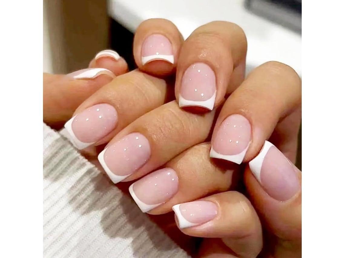 24 uñas postizas acrílicas blancas, cortas, cuadradas, francesas, de gel, con pegamento para mujer, Facpoet