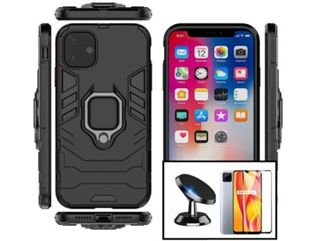 Kit Protector de Cristal Templado 5D Full Cover, Funda 3X1 Military Defender y Soporte Magnético de Coche Xiaomi Redmi 9 Activ PHONECARE Negro