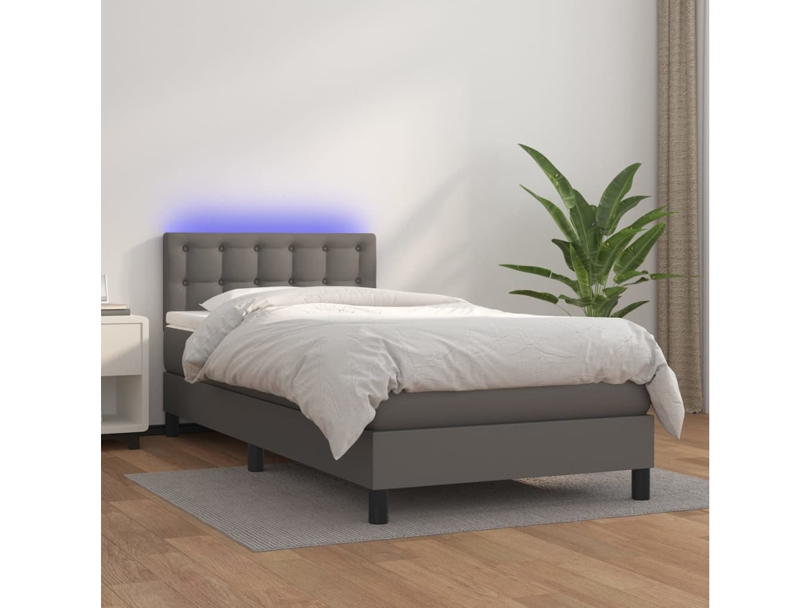 Cama Box Spring Colchón Y Led Cuero Sintético Gris 100x200 Cm