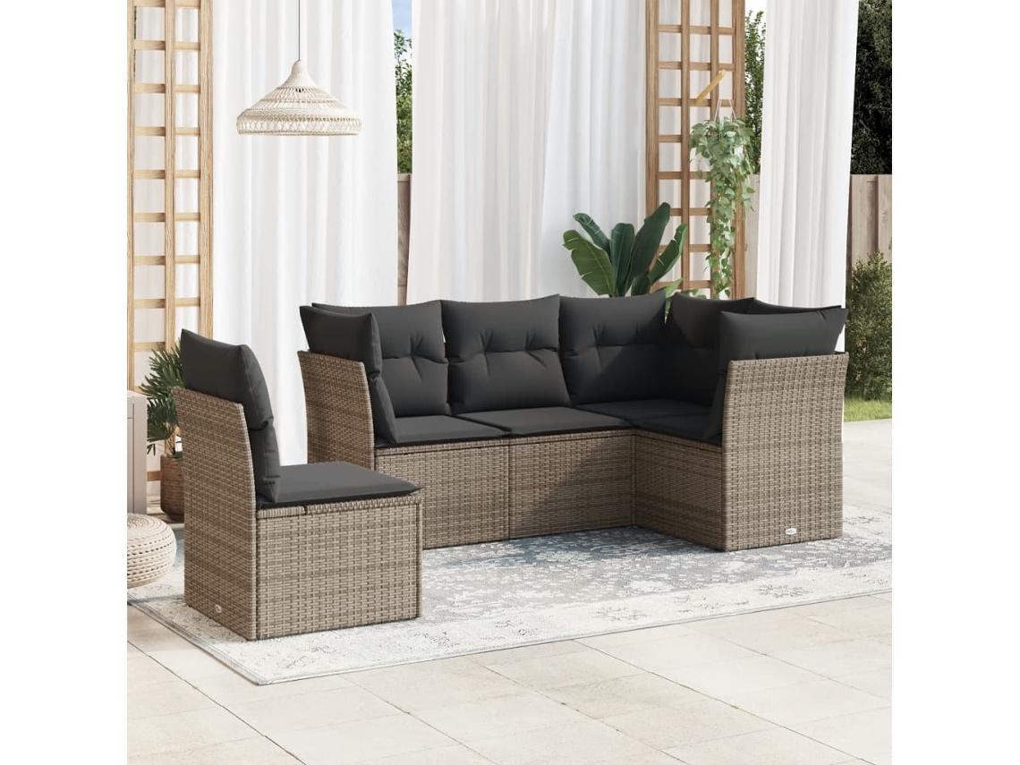 Conjunto de sofá de jardín de 5 piezas con cojines, ratán gris, DKD Home Decor