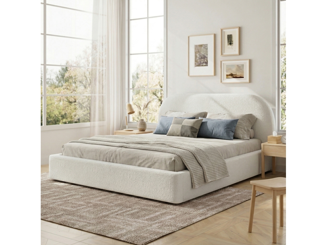 Cama Tapizada Doble 180x200 Cm - Con Somier De Láminas, Cabecero Acolchado - Beige Bouclé