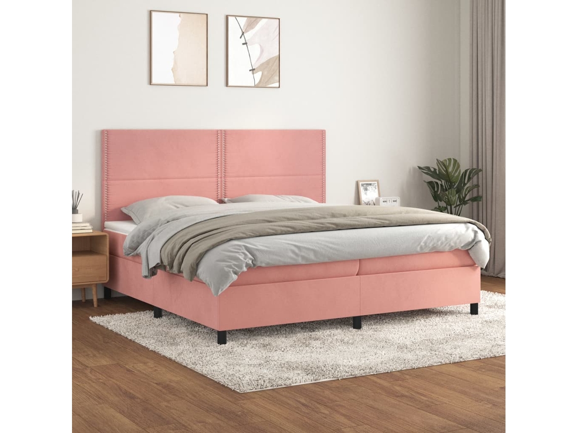 Cama Box Spring Con Colchón Terciopelo Rosa 200x200 Cm