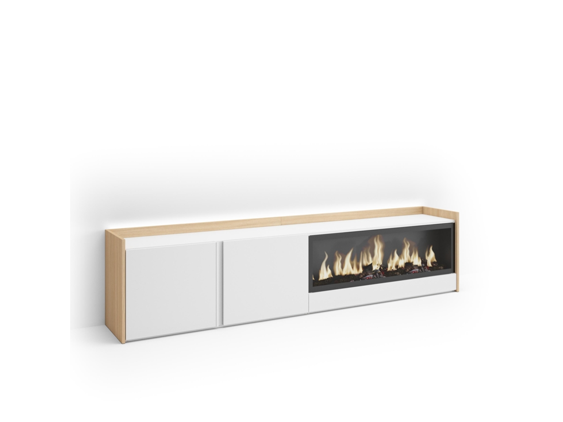 Mueble para TV, 212x35x50cm, para televisores de hasta 80'', chimenea eléctrica XXL, LED, blanco y roble claro.