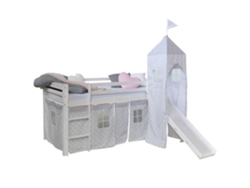 Cama Alta De 90x200cm Con Escalera Y Tobogán De Madera Blanca Tela De Estrellas Gris Y Torre Lit06181
