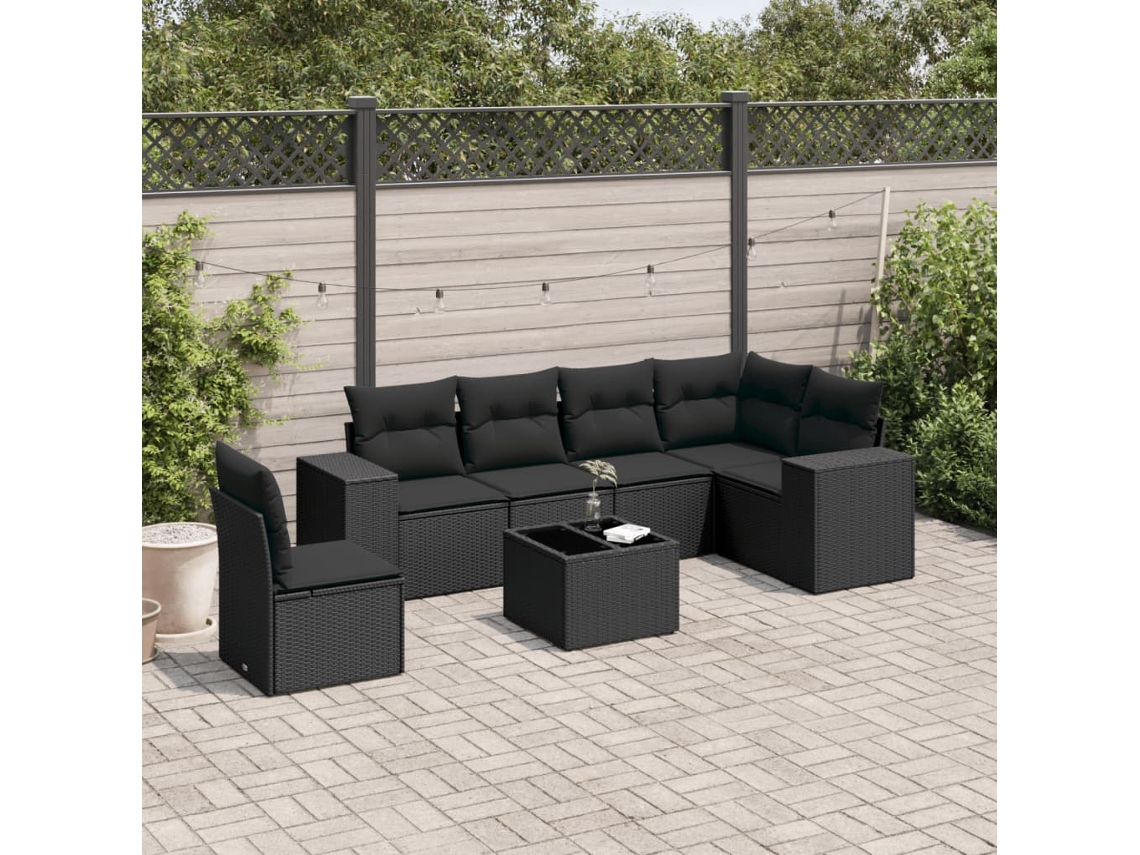 Conjunto de sofá de jardín de 7 piezas con cojines, ratán negro, Dkd Home Decor