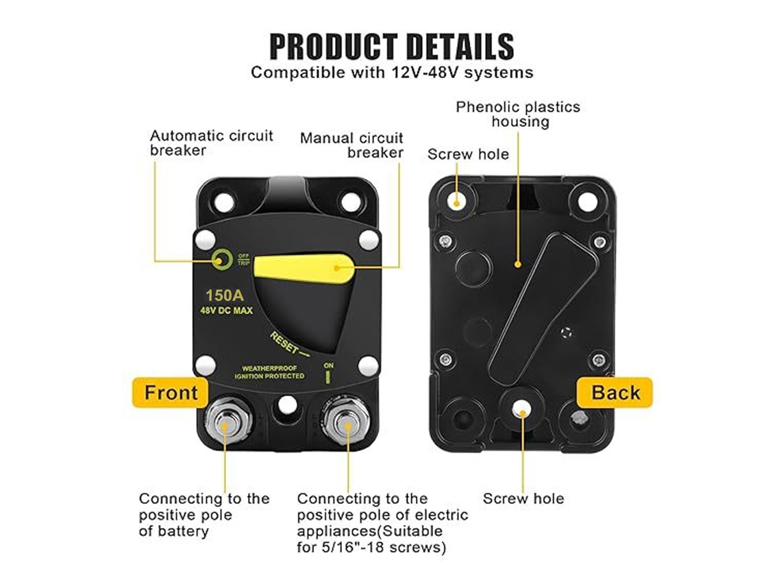Disyuntor De Reinicio Manual Automático De 12 V A 48 V Cc Para Vehículos Recreativos, Embarcaciones, Motores Y Sistemas De Energía Solar, 150 A