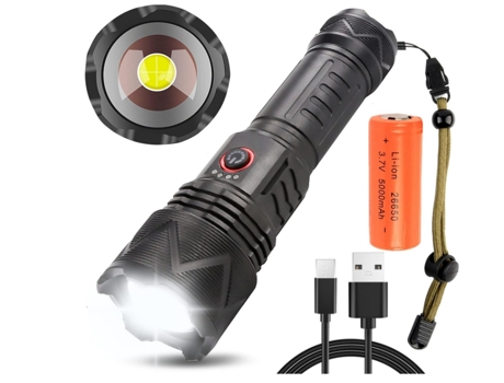 Linternas tácticas LED recargables de 250000 lúmenes, antorchas impermeables IPX4 con zoom de 4 modos, para acampar al aire libre, emergencia (negr...