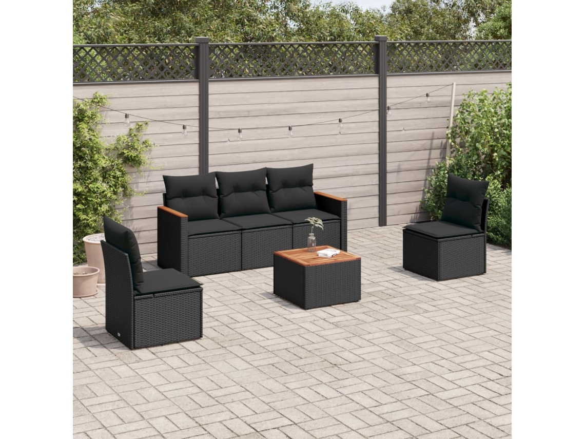 Conjunto de sofá de jardín de 6 piezas con cojines, mimbre sintético negro, DKD Home Decor