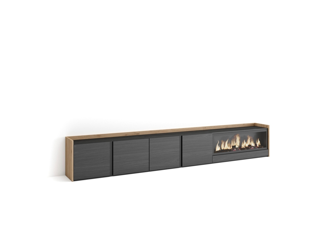 Mueble Tv, Televisión, 315x35x50cm, Para Tv Hasta 80", Chimenea Eléctrica Xxl, Negro Y Roble