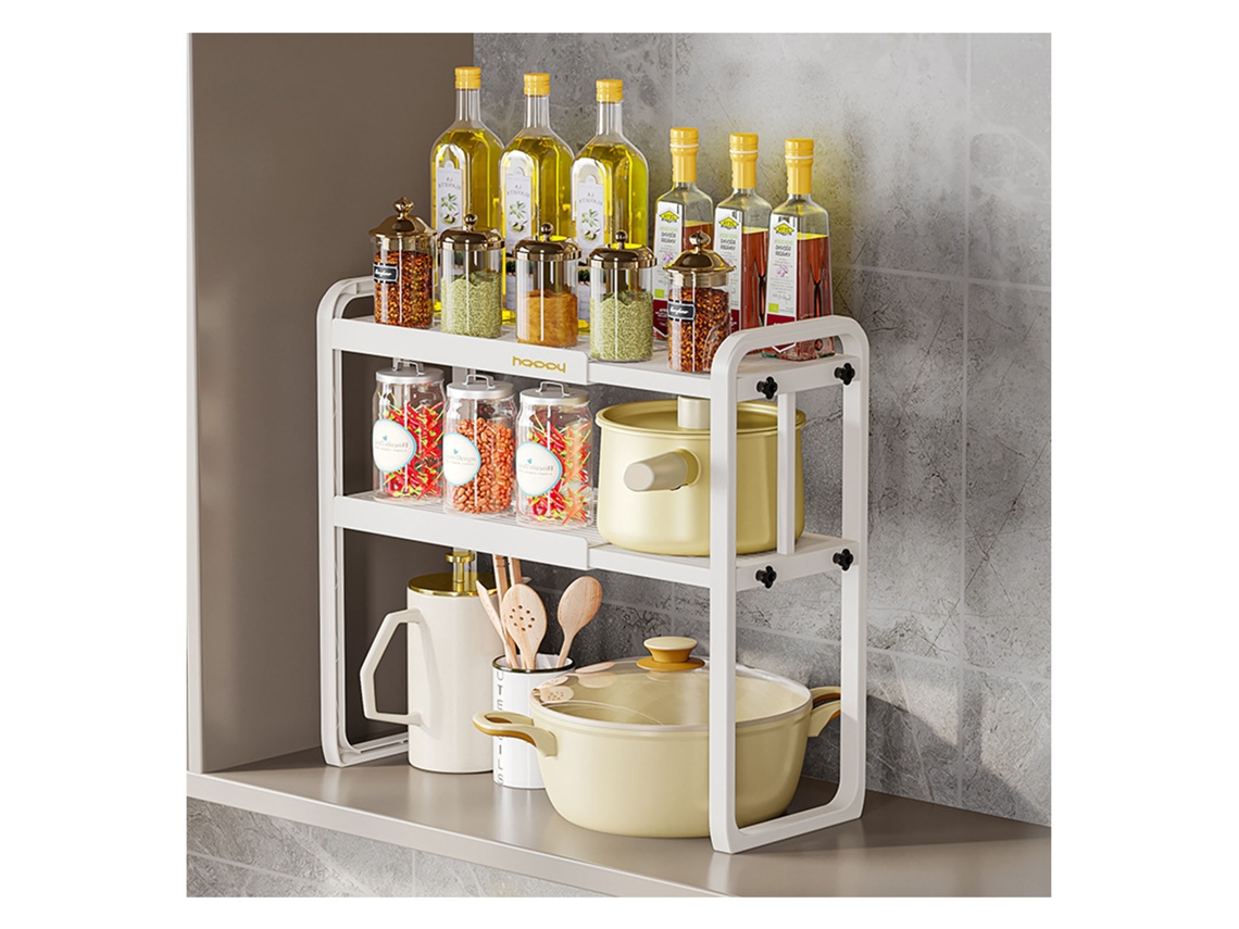 Estante de cocina de plástico blanco con dos capas y organizador extensible para estufa o fregadero
