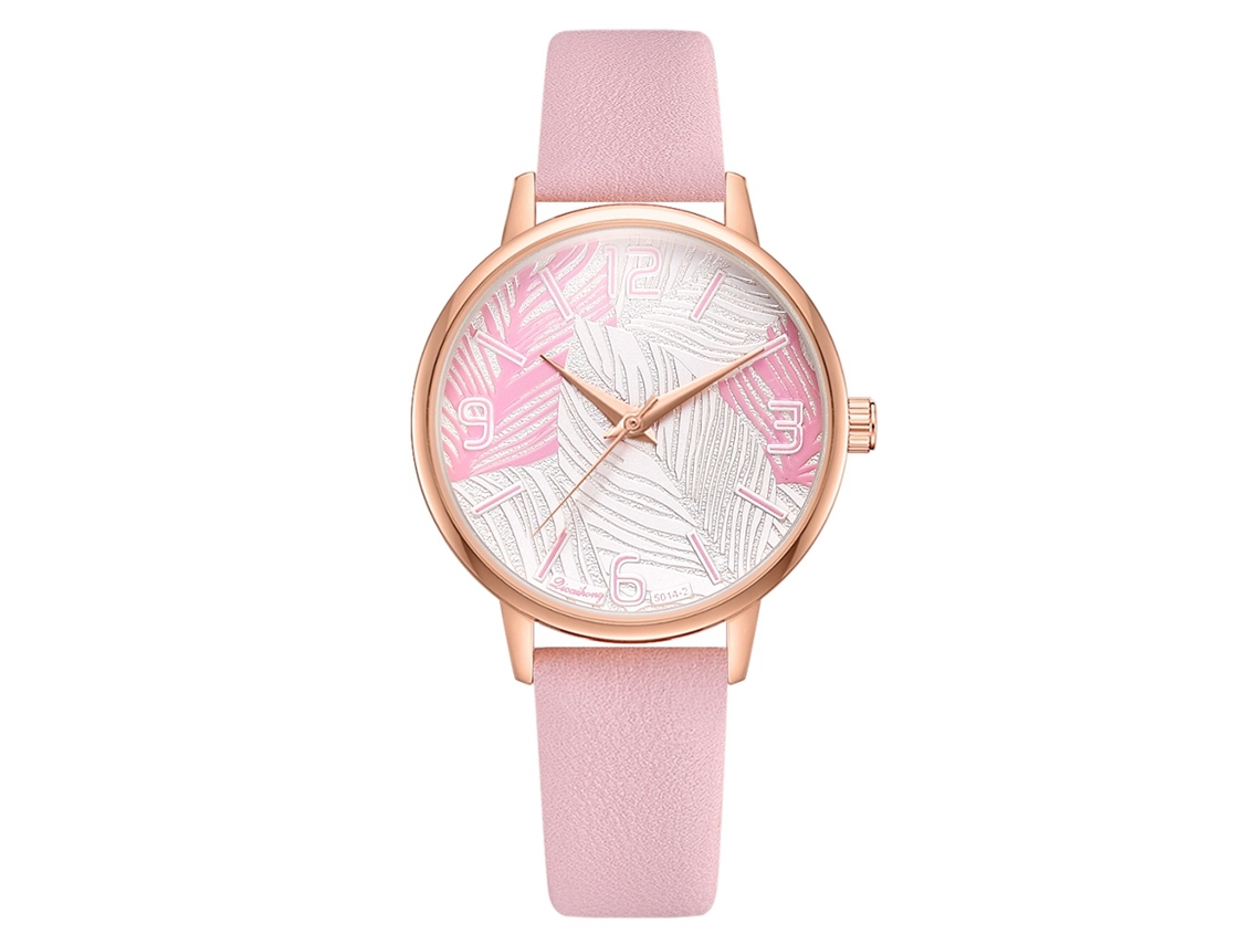Reloj De Pulsera Para Mujer De Piel Sintética Con Estampado De Hojas, Esfera Redonda, Movimiento De Cuarzo, Oro Rosa.