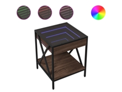 Mesa de centro de diseño moderno con estante e iluminación LED, 40 x 40 x 49 cm, madera industrializada marrón, vidrio y metal, Dec037551