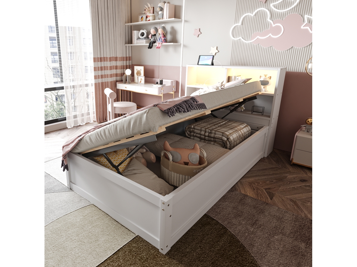 Sofá Cama De Madera De 90x200 Con Enchufes, Iluminación Led, Sistema Hidráulico Y Espacio De Almacenamiento, Color Blanco.