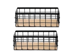 Paquete de 2 cestas de almacenamiento de metal con base de madera, cesta de alambre para el hogar