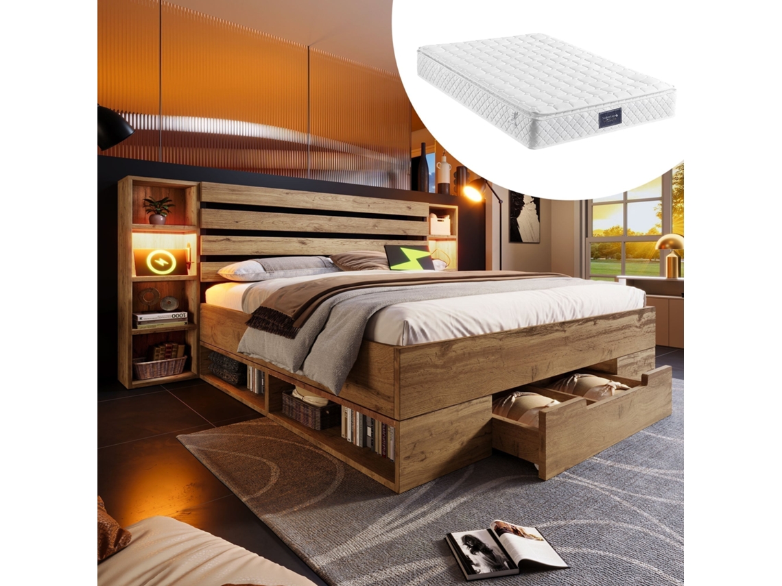 Cama Doble 160x200cm Maciza, Led, Usb-c, Cabecero Con Almacenamiento Y Cajones, Base Incluida, Robusta 272kg, Con Colchón, Roble