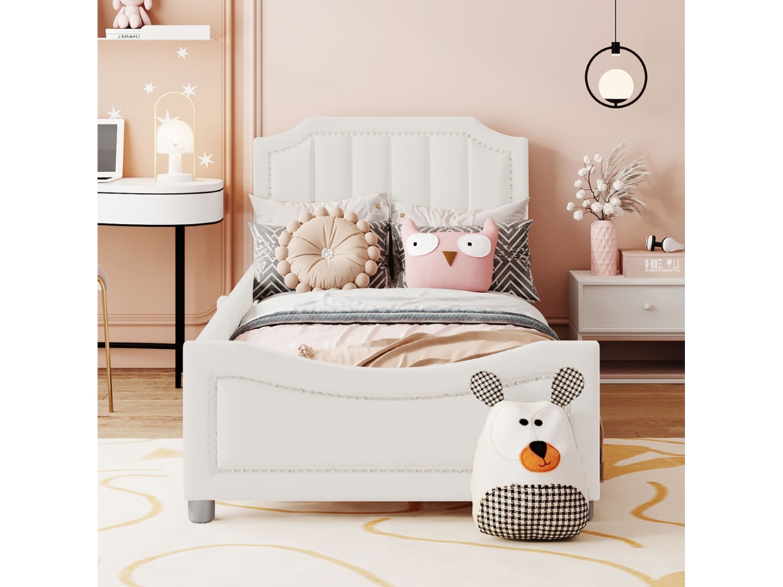 Cama Infantil 90x200 Cm Sofá Cama Multifuncional con Respaldo y Brazos Estilo Beige