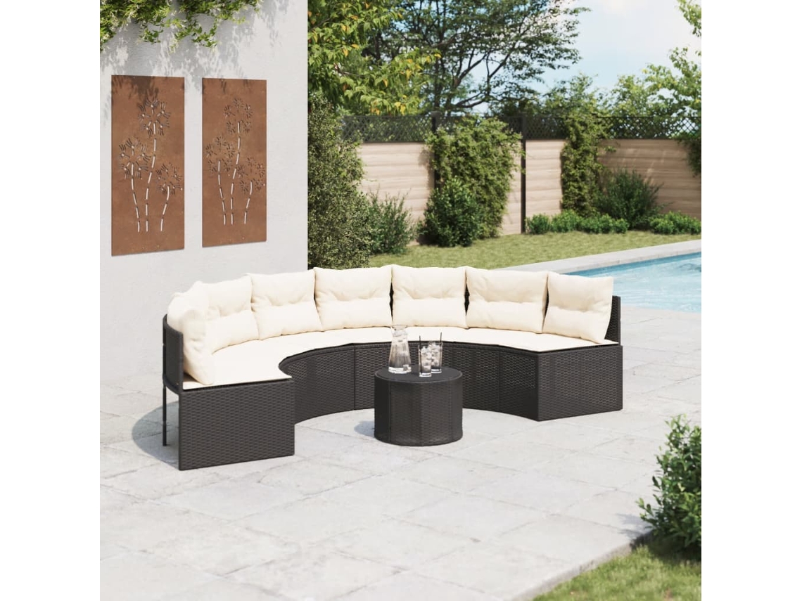 Sofá de jardín con mesa y cojines semicirculares en mimbre negro PE Dkd Home Decor